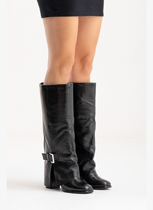 Luvi Shoes Luvi Shoes Siyah Rugan LOJO Siyah Kırışık Rugan Hakiki Deri Tokalı Kadın Kalın Topuklu Çizme Bot | Boyner Siyah Rugan - 3. görsel