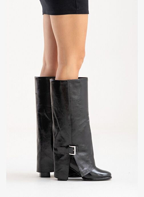 Luvi Shoes Luvi Shoes Siyah Rugan LOJO Siyah Kırışık Rugan Hakiki Deri Tokalı Kadın Kalın Topuklu Çizme Bot | Boyner Siyah Rugan - 4. görsel