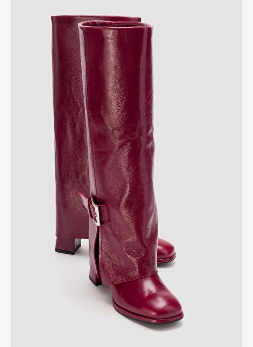 LOJO Bordo Kırışık Rugan Hakiki Deri Tokalı Kadın Kalın Topuklu Çizme - Görsel 2