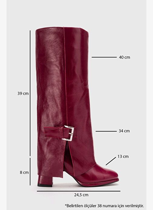 LOJO Bordo Kırışık Rugan Hakiki Deri Tokalı Kadın Kalın Topuklu Çizme - Görsel 4