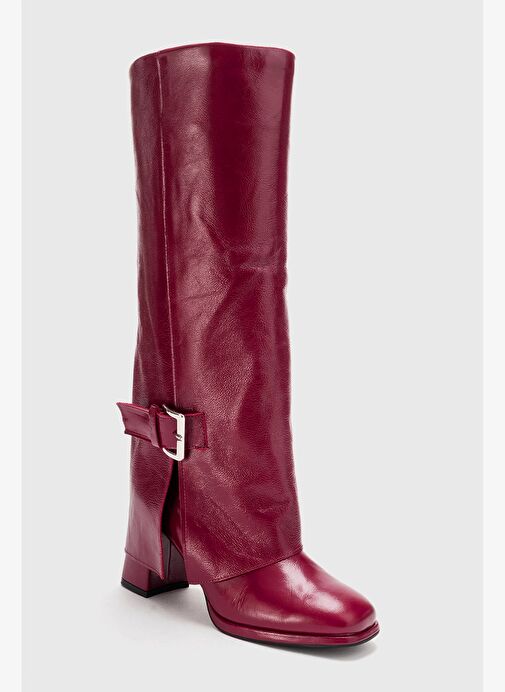 LOJO Bordo Kırışık Rugan Hakiki Deri Tokalı Kadın Kalın Topuklu Çizme - Görsel 5