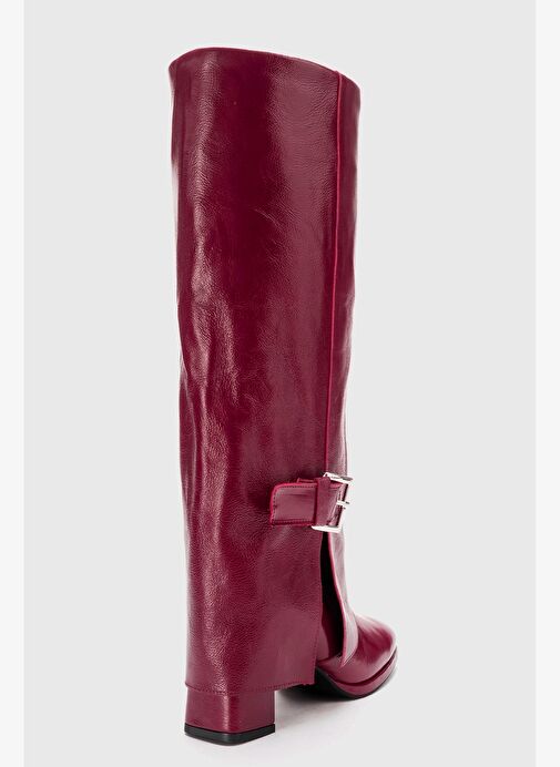 LOJO Bordo Kırışık Rugan Hakiki Deri Tokalı Kadın Kalın Topuklu Çizme - Görsel 6