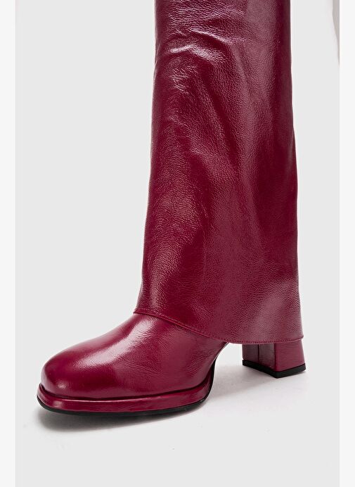 LOJO Bordo Kırışık Rugan Hakiki Deri Tokalı Kadın Kalın Topuklu Çizme - Görsel 7