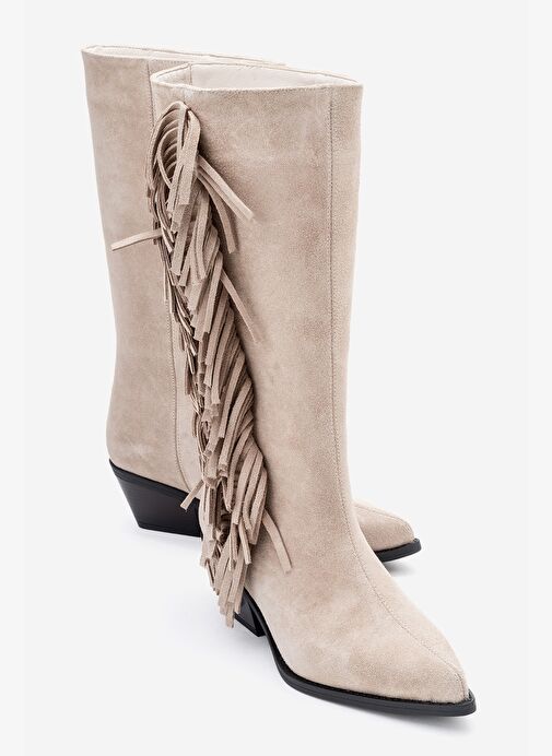 ORLO Bej Süet Hakiki Deri Püsküllü Kadın Western Çizme - Görsel 2
