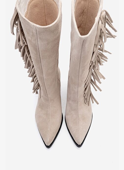 ORLO Bej Süet Hakiki Deri Püsküllü Kadın Western Çizme - Görsel 3