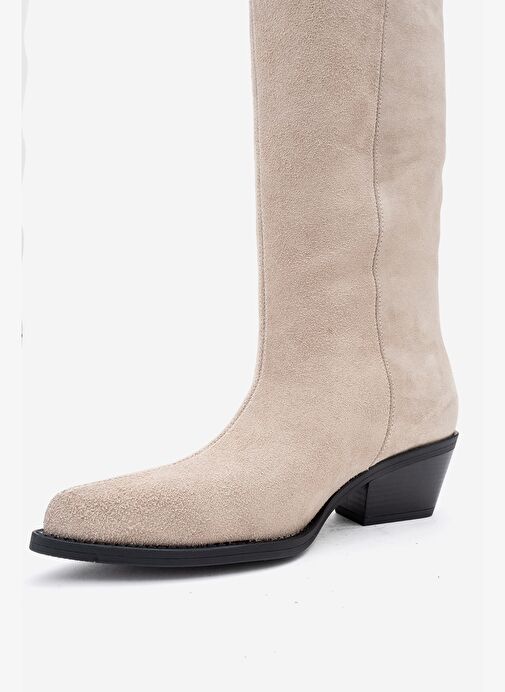 ORLO Bej Süet Hakiki Deri Püsküllü Kadın Western Çizme - Görsel 5
