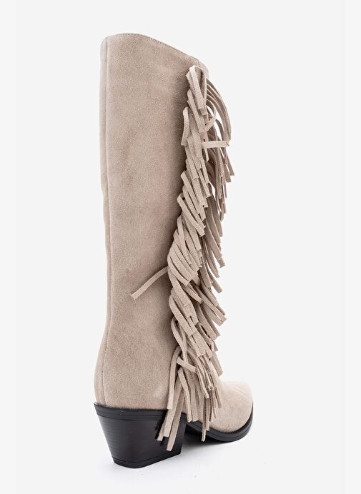 ORLO Bej Süet Hakiki Deri Püsküllü Kadın Western Çizme - Görsel 6