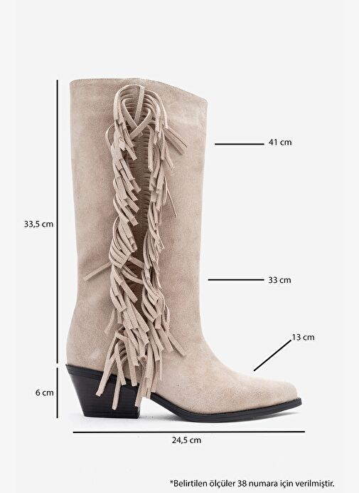 ORLO Bej Süet Hakiki Deri Püsküllü Kadın Western Çizme - Görsel 7