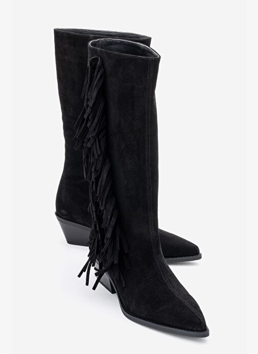 ORLO Siyah Süet Hakiki Deri Püsküllü Kadın Western Çizme - Görsel 2