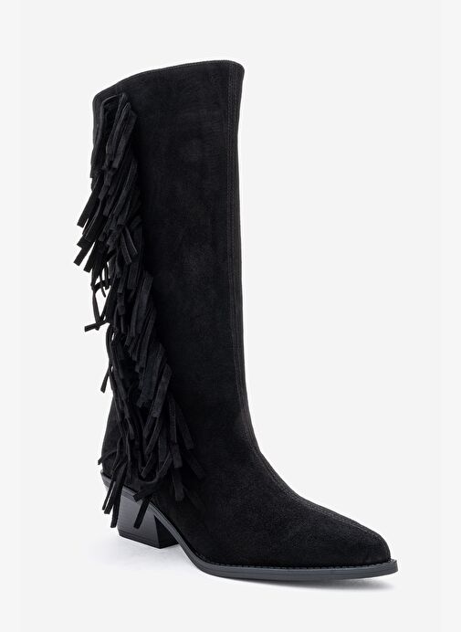 ORLO Siyah Süet Hakiki Deri Püsküllü Kadın Western Çizme - Görsel 4