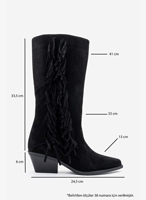 ORLO Siyah Süet Hakiki Deri Püsküllü Kadın Western Çizme - Görsel 7