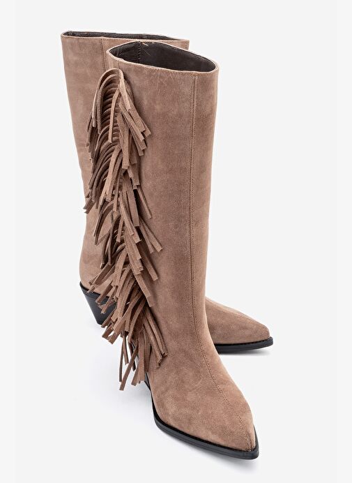 ORLO Toprak Süet Hakiki Deri Püsküllü Kadın Western Çizme - Görsel 2