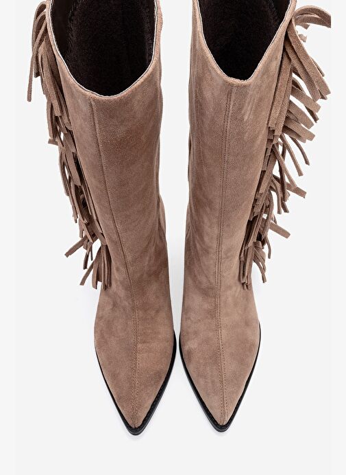 ORLO Toprak Süet Hakiki Deri Püsküllü Kadın Western Çizme - Görsel 3