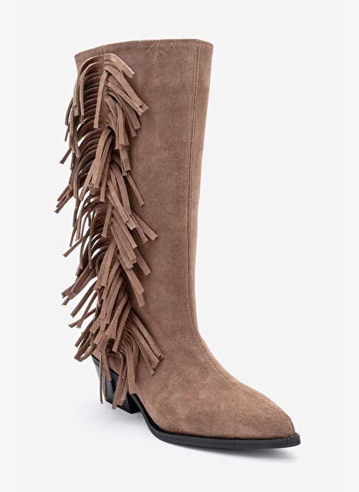 ORLO Toprak Süet Hakiki Deri Püsküllü Kadın Western Çizme - Görsel 4