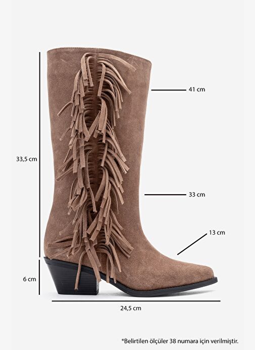 ORLO Toprak Süet Hakiki Deri Püsküllü Kadın Western Çizme - Görsel 7