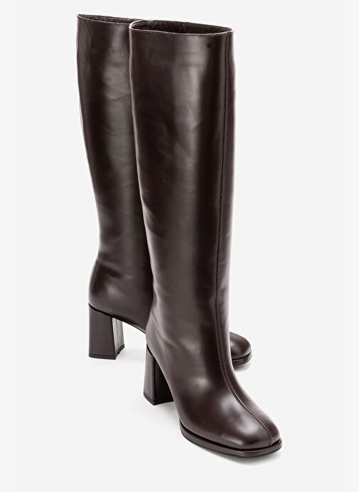 JAVEN Kahverengi Cilt Hakiki Deri Kadın Kalın Topuklu Çizme - Görsel 2