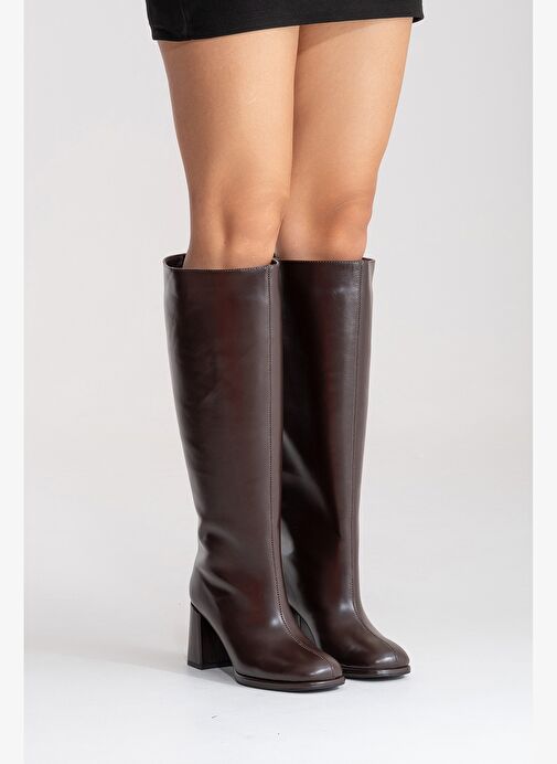 JAVEN Kahverengi Cilt Hakiki Deri Kadın Kalın Topuklu Çizme - Görsel 3