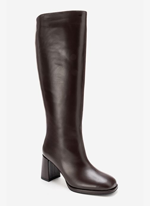 JAVEN Kahverengi Cilt Hakiki Deri Kadın Kalın Topuklu Çizme - Görsel 5