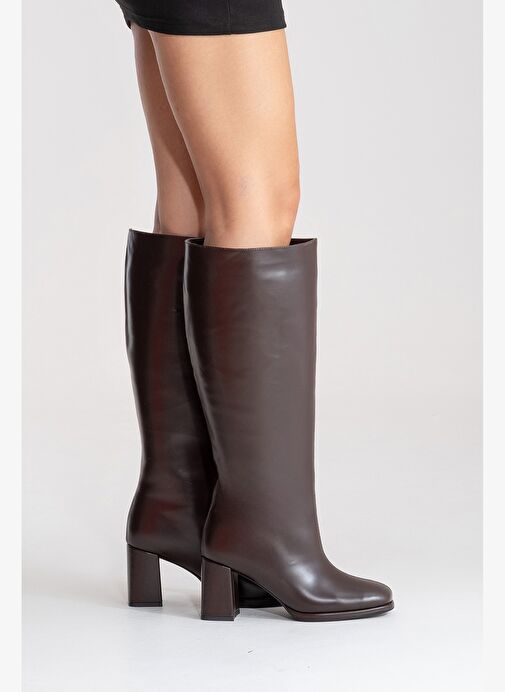 JAVEN Kahverengi Cilt Hakiki Deri Kadın Kalın Topuklu Çizme - Görsel 6