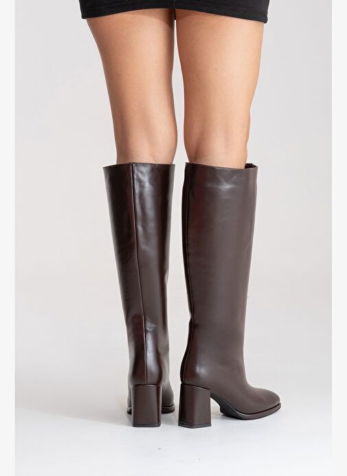 JAVEN Kahverengi Cilt Hakiki Deri Kadın Kalın Topuklu Çizme - Görsel 7