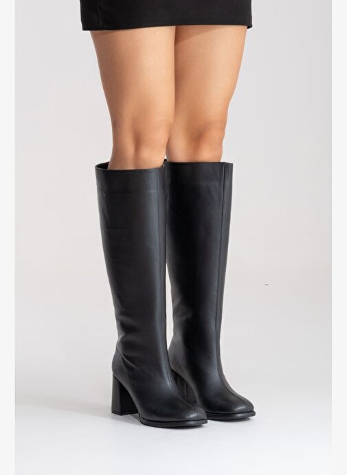 JAVEN Siyah Cilt Hakiki Deri Kadın Kalın Topuklu Çizme - Görsel 3