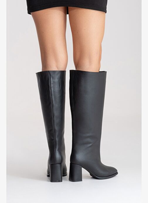 JAVEN Siyah Cilt Hakiki Deri Kadın Kalın Topuklu Çizme - Görsel 8