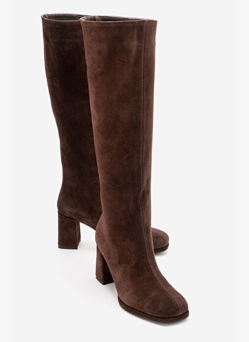 JAVEN Kahverengi Süet Hakiki Deri Kadın Kalın Topuklu Çizme - Görsel 2