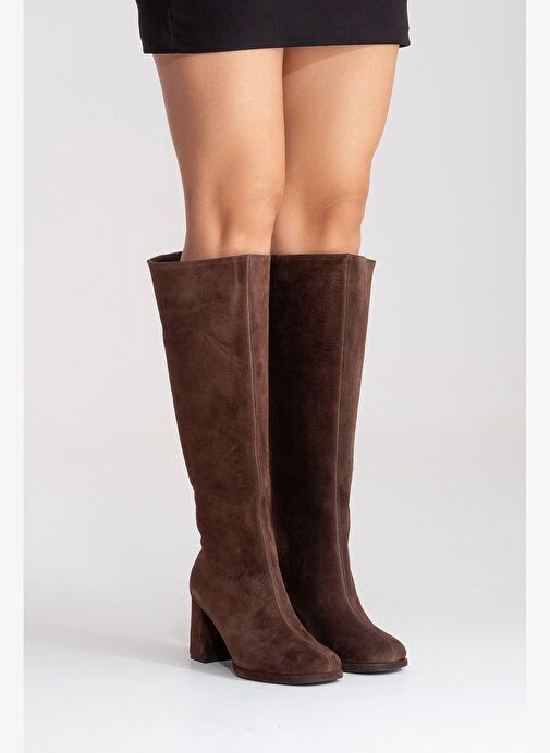 JAVEN Kahverengi Süet Hakiki Deri Kadın Kalın Topuklu Çizme - Görsel 3