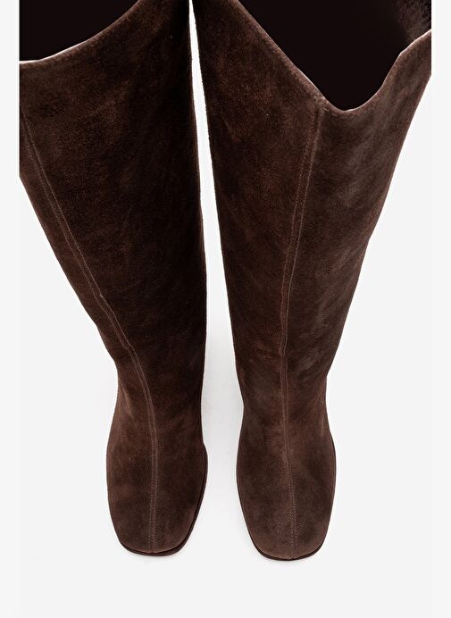 JAVEN Kahverengi Süet Hakiki Deri Kadın Kalın Topuklu Çizme - Görsel 5