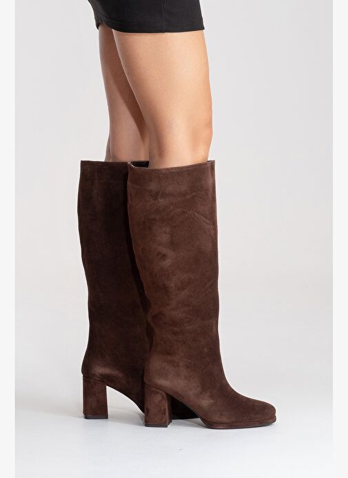 JAVEN Kahverengi Süet Hakiki Deri Kadın Kalın Topuklu Çizme - Görsel 7