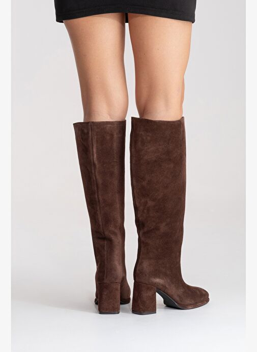 JAVEN Kahverengi Süet Hakiki Deri Kadın Kalın Topuklu Çizme - Görsel 8