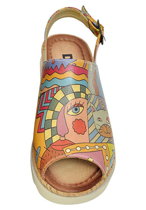 Kadın Vegan Deri Çok Renkli Kalın Taban Sandalet - Artsy Tasarım - Görsel 9