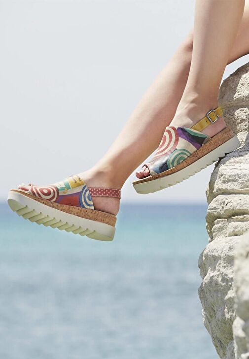 Kadın Vegan Deri Çok Renkli Kalın Taban Sandalet - Sun Days Tasarım - Görsel 6