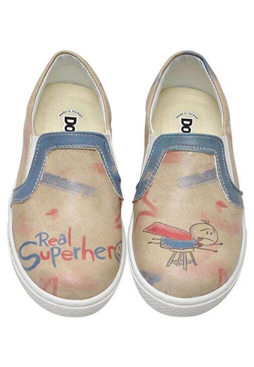 Çocuk Vegan Deri Bej Bağcıksız Sneakers - Superhero Boys Tasarım - Görsel 3