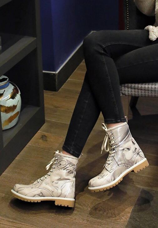 Kadın Vegan Deri Bej Uzun Bot - Warner Bros Tweety Sketch Tasarım - Görsel 6