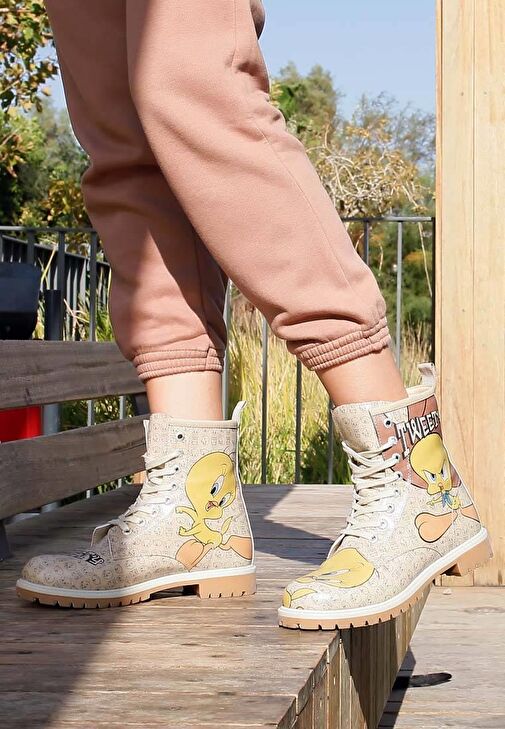 Kadın Vegan Deri Bej Uzun Bot - Warner Bros Tweety Moods Tasarım - Görsel 4