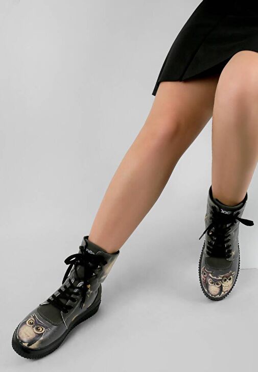 Kadın Vegan Deri Siyah Uzun Bot - Owls Family Tasarım - Görsel 8