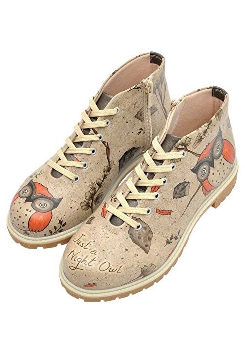 Kadın Vegan Deri Bej Fermuarlı Kısa Bot - Night Owl Tasarım - Görsel 2