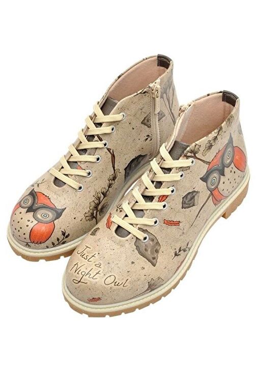 Kadın Vegan Deri Bej Fermuarlı Kısa Bot - Night Owl Tasarım - Görsel 4