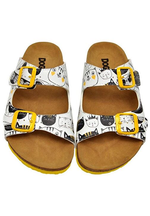 Kadın Vegan Deri Beyaz Terlik - Monochrome Cats Tasarım - Görsel 4