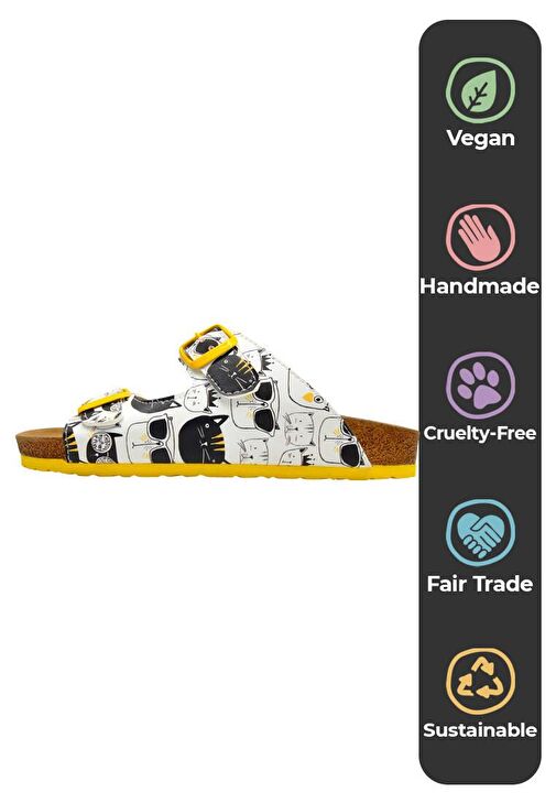 Kadın Vegan Deri Beyaz Terlik - Monochrome Cats Tasarım - Görsel 6