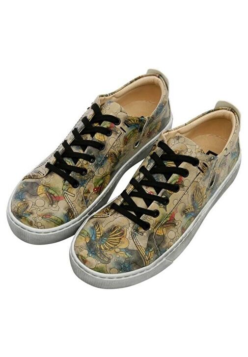 Kadın Vegan Deri Bej Sneakers - Watercolor Toucan Tasarım - Görsel 2