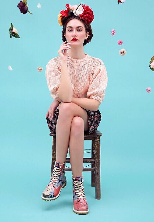 Kadın Vegan Deri Çok Renkli Uzun Bot - Frida Painting Frida Kahlo Tasarım - Görsel 9