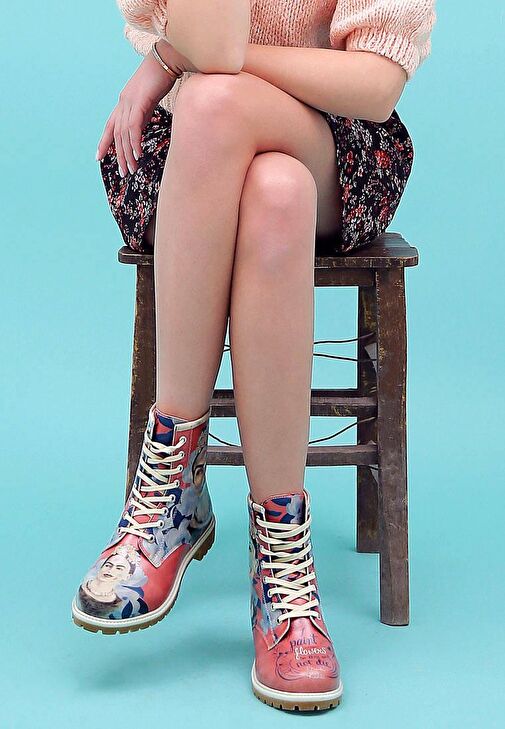 Kadın Vegan Deri Çok Renkli Uzun Bot - Frida Painting Frida Kahlo Tasarım - Görsel 8