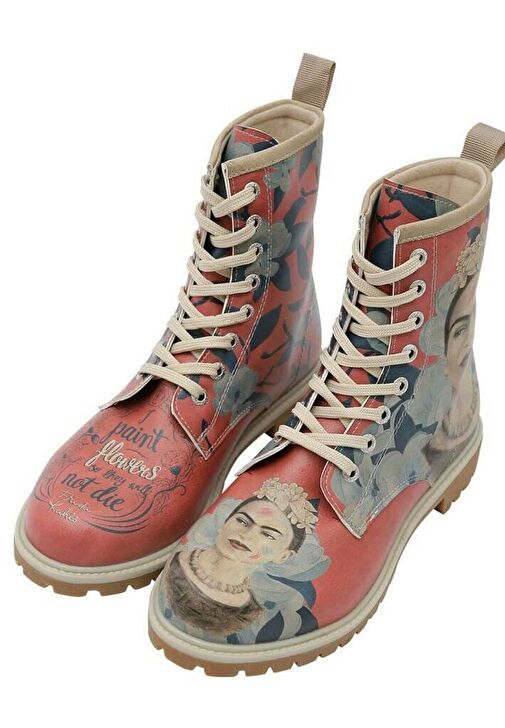 Kadın Vegan Deri Çok Renkli Uzun Bot - Frida Painting Frida Kahlo Tasarım - Görsel 7