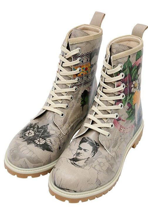 Kadın Vegan Deri Gri Uzun Bot - A Flower From The Past Frida Kahlo Tasarım - Görsel 2