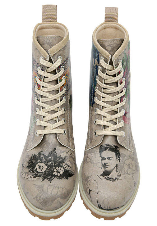 Kadın Vegan Deri Gri Uzun Bot - A Flower From The Past Frida Kahlo Tasarım - Görsel 3