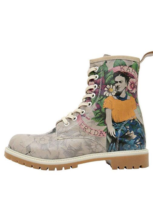 Kadın Vegan Deri Gri Uzun Bot - A Flower From The Past Frida Kahlo Tasarım - Görsel 6