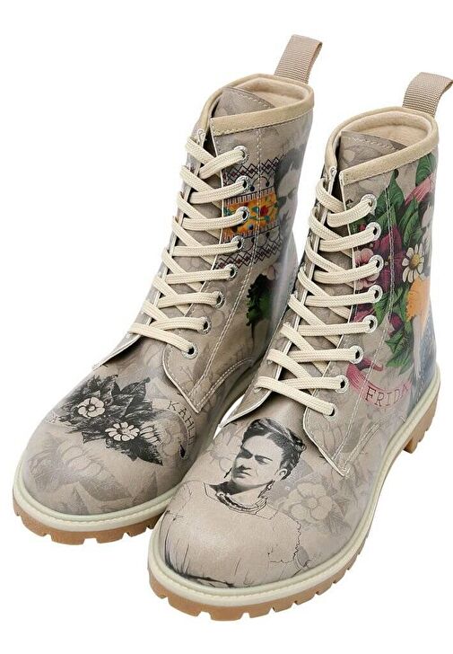 Kadın Vegan Deri Gri Uzun Bot - A Flower From The Past Frida Kahlo Tasarım - Görsel 8