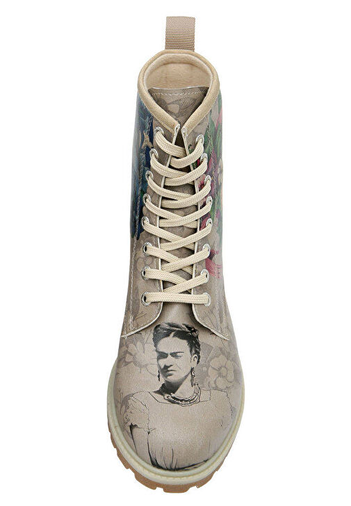Kadın Vegan Deri Gri Uzun Bot - A Flower From The Past Frida Kahlo Tasarım - Görsel 9